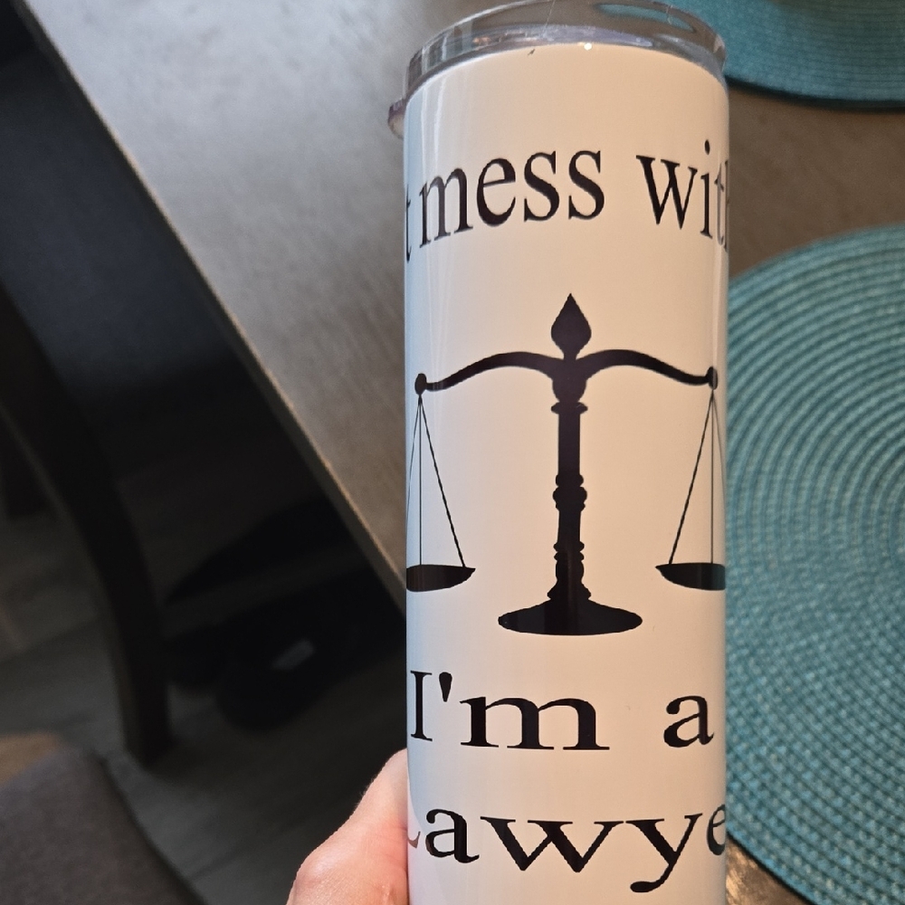 White Lawyer Tumbler with Scales Design